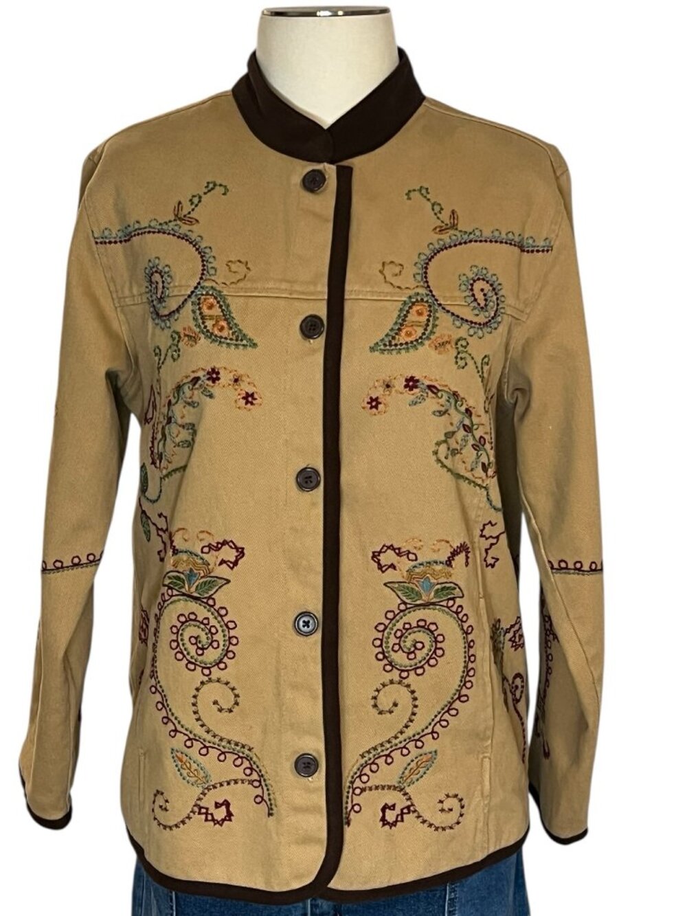 Denim & Co brown floral embroidered button front canvas chore coat size M
